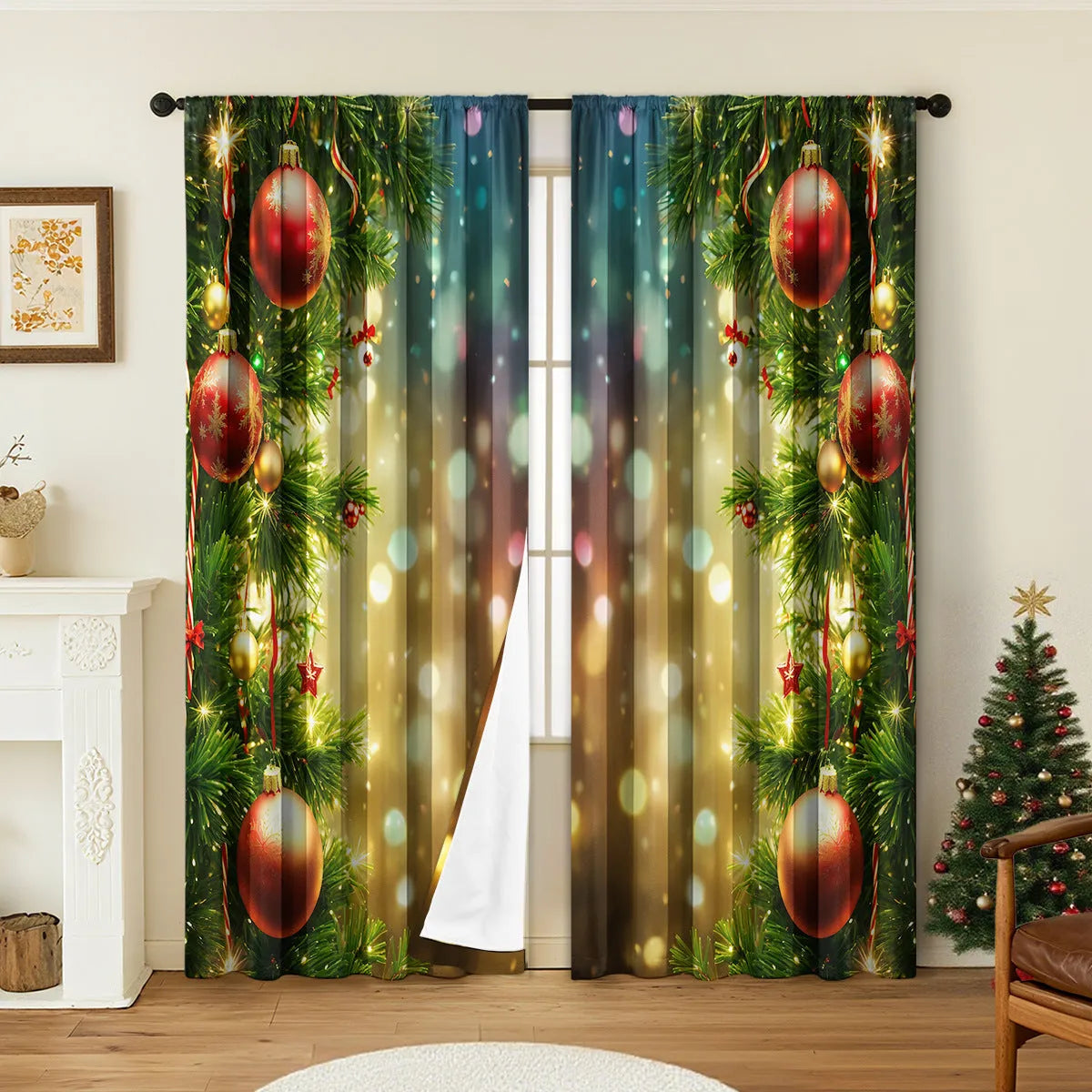 Pair of 3D digitally printed Christmas pattern curtains hung on a window.