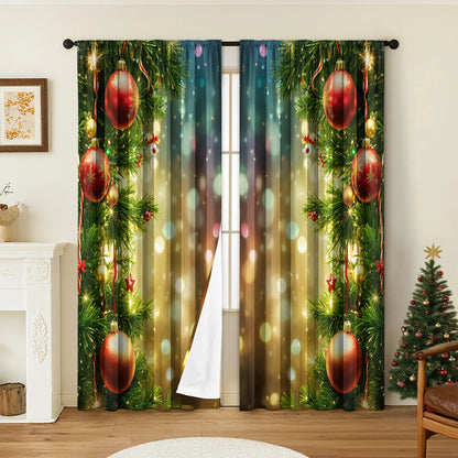 Pair of 3D digitally printed Christmas pattern curtains hung on a window.