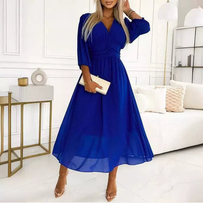 V-neck waist-tight long sleeve chiffon dress for women in green, blue, black, and rose red