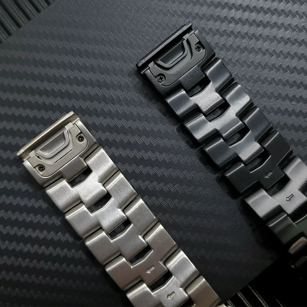 Garmin Jiaming Fenix replacement strap showing silver, black, and titanium colour options with 22mm and 26mm width measurements