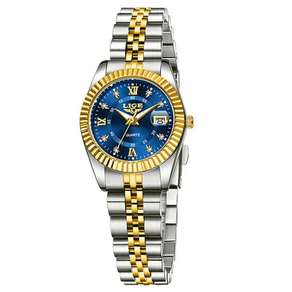 Waterproof leisure couple quartz watch in gold white colour with 10mm thickness on wrist