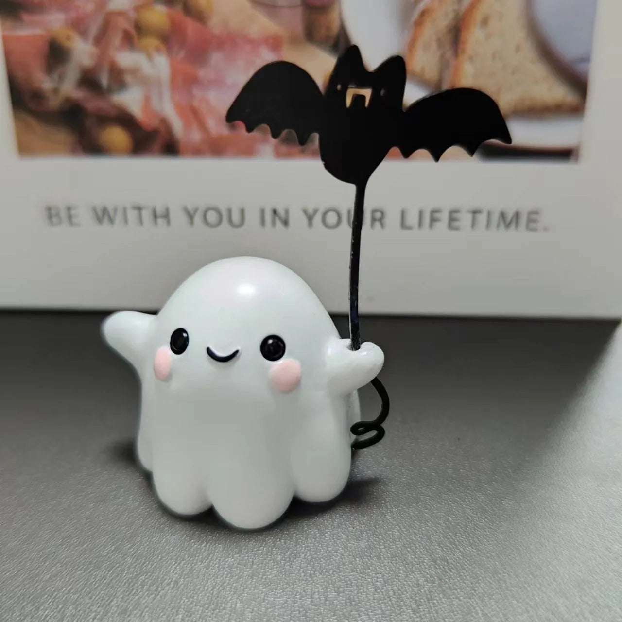 Mini ghost walking dog statue with bat, 4x5x4cm resin Halloween decoration