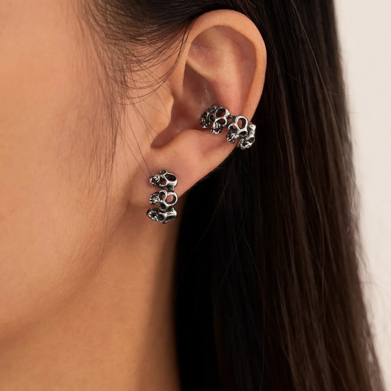 Stainless steel hollow skull geometric ear clip with clip-on fitting