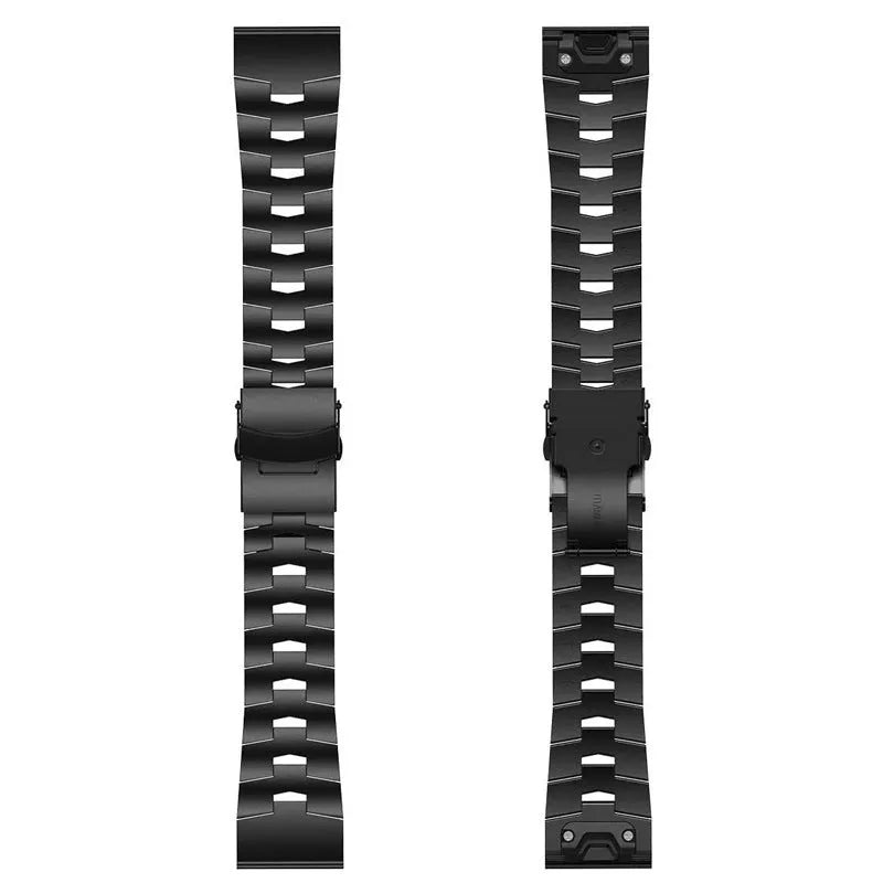 Garmin Jiaming Fenix replacement strap showing silver, black, and titanium colour options with 22mm and 26mm width measurements