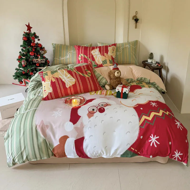 Christmas-themed four-piece bedding set with cartoon digital prints on super soft washed cotton