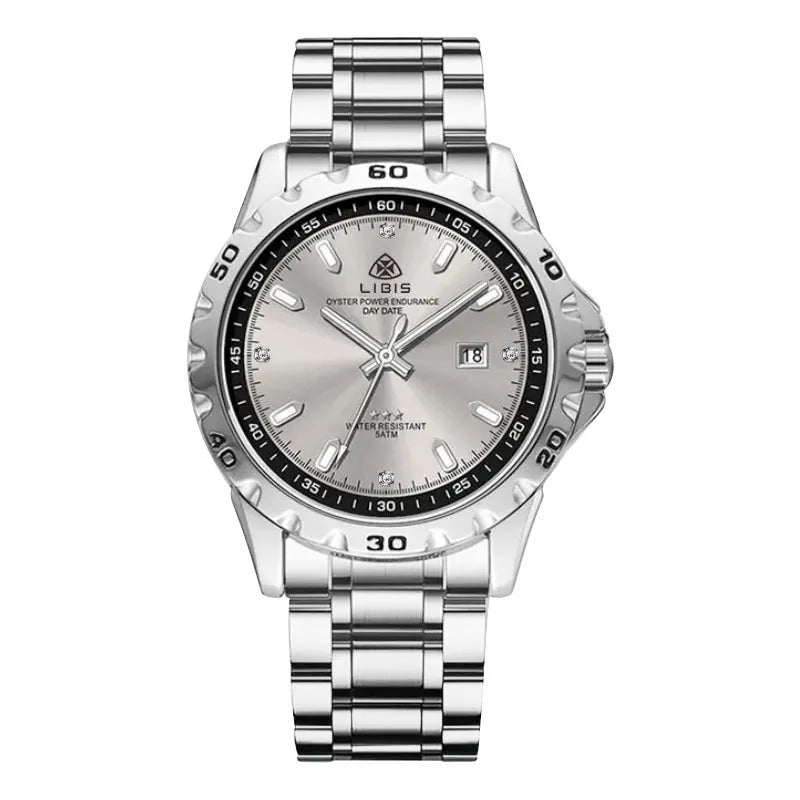 Silver men's waterproof watch with stainless steel strap and luminous grey dial.