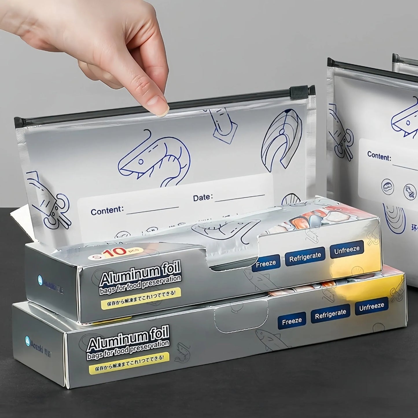 Set of aluminium foil sealed fresh bags in small, medium, and large sizes for food storage