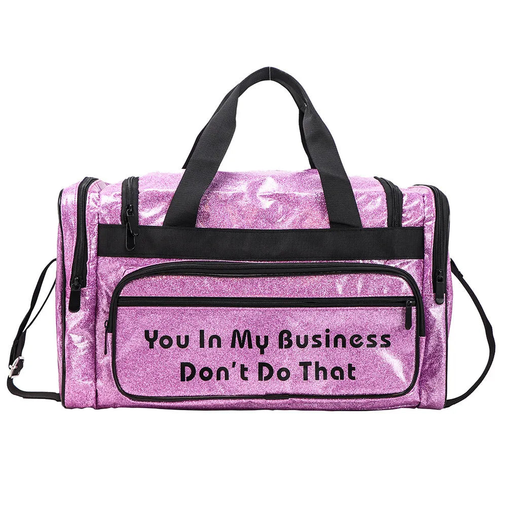 Large silver PU leather sports handbag with letter detailing, showing internal compartments.