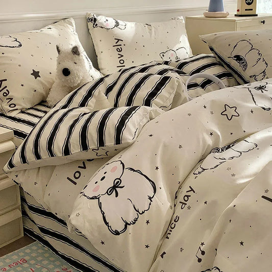 Cartoon dog design on pure cotton bedding set with reactive print, includes fitted sheet, duvet cover, and pillowcases