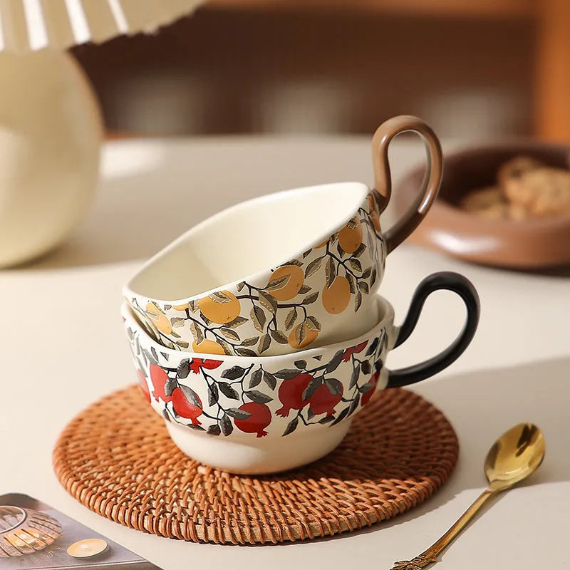 Antique-style ceramic coffee cup and saucer set with 210ml capacity in black or orange medieval designs