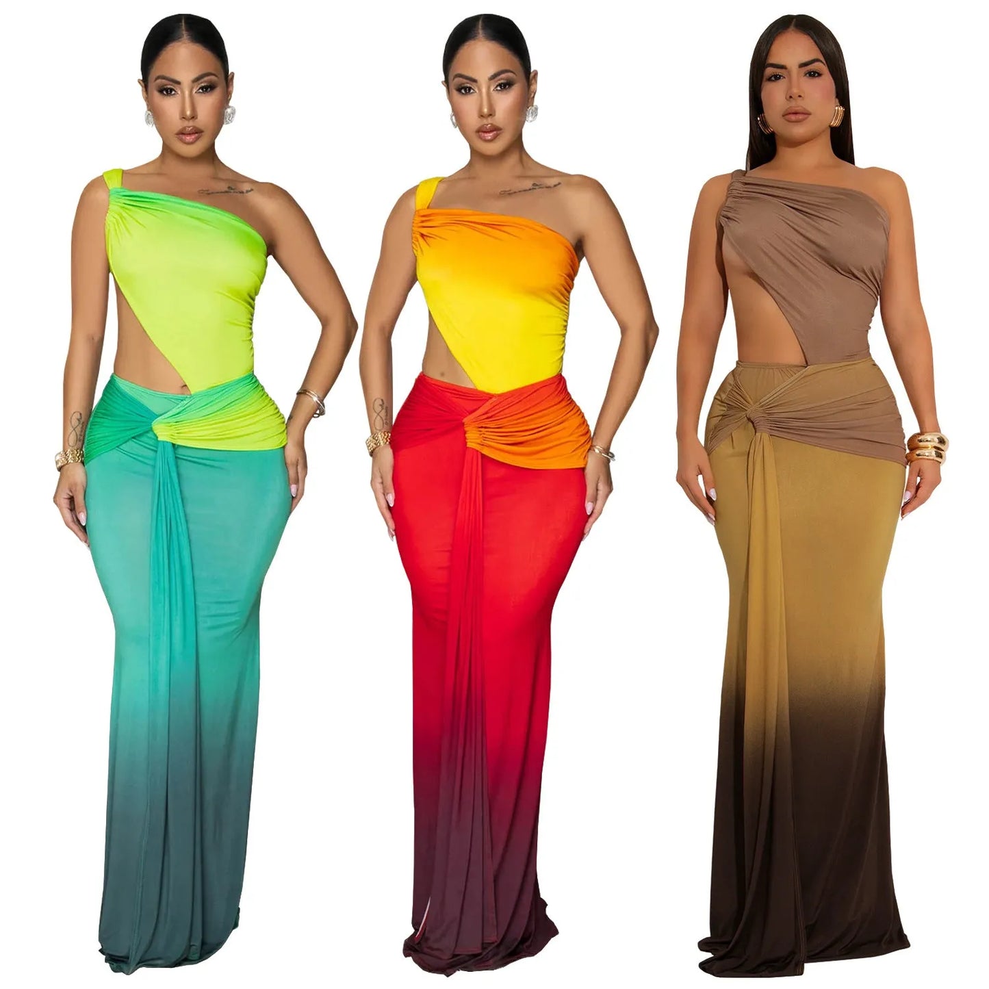 Women's gradient colour cross-shoulder dress with high waist and long skirt in green, red, or brown