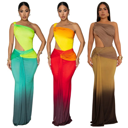 Women's gradient colour cross-shoulder dress with high waist and long skirt in green, red, or brown
