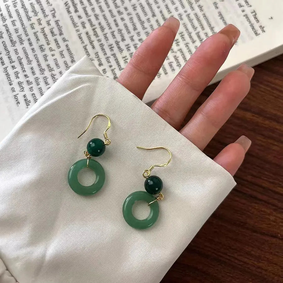 Green jade design peace buckle shaped zinc alloy earrings for Han Chinese clothing
