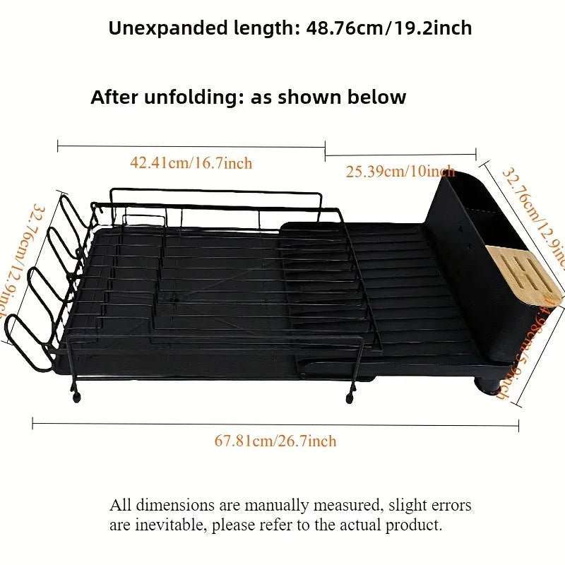 Retractable dish rack showing folded 30cm size and expanded cutlery drying configuration