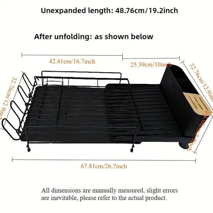 Retractable dish rack showing folded 30cm size and expanded cutlery drying configuration