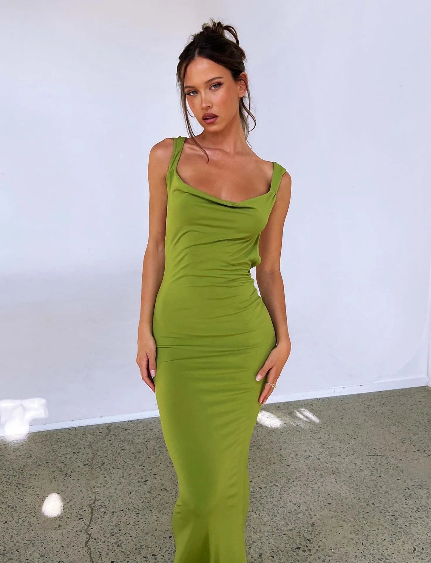 Backless milk silk sling dress with high waist and slim hip skirt in champagne colour