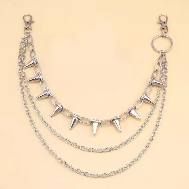 Silver double-layer pants chain with zipper and rivet details measuring 115cm for punk hip hop fashion