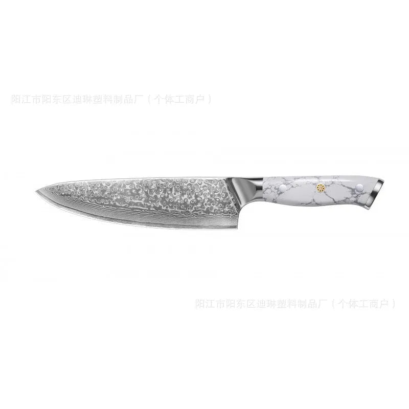 Damascus pattern VG10 steel chef's knife with a 21cm blade and simple handle on a wooden cutting board.