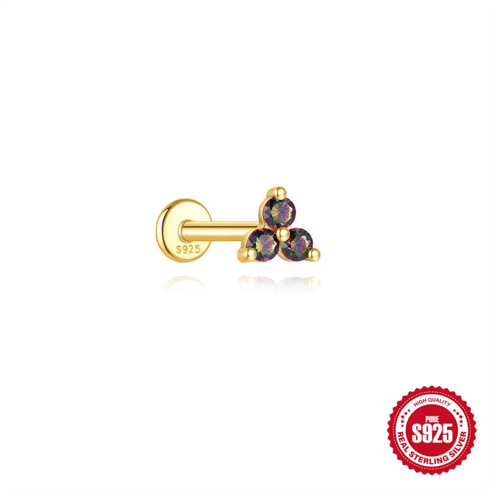 S925 sterling silver flat head thread piercing earring with super shiny rainbow stone, gold colour.