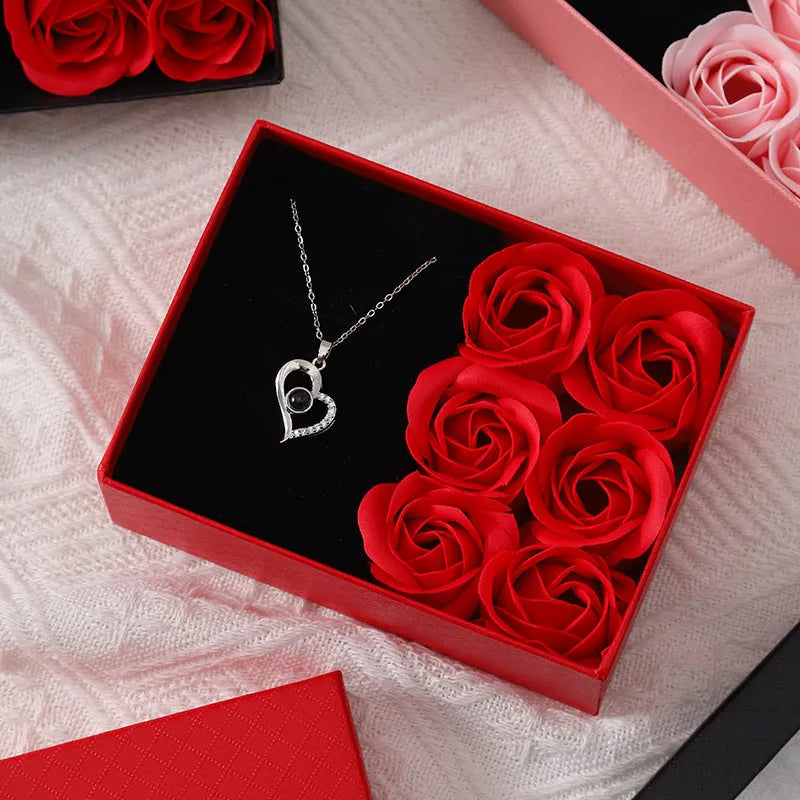 Red soap flower gift set in Korean-style box measuring 12.5cm with handbag