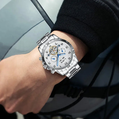 Men's automatic perpetual calendar watch with silver steel belt and sapphire crystal glass mirror