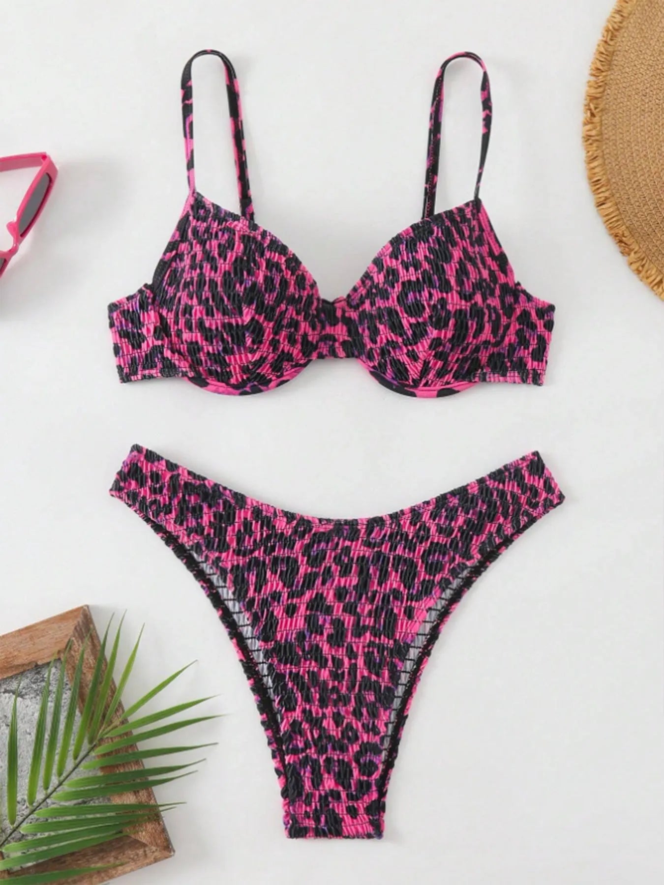 Women's leopard print bikini with backless briefs style in brown mixed colour