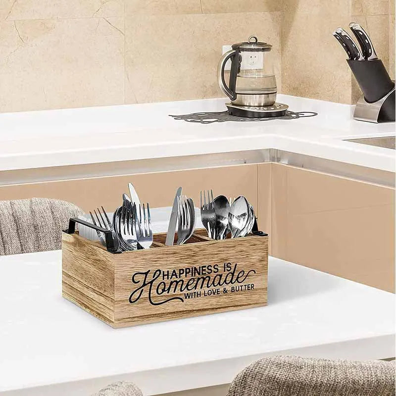 Wooden kitchen organiser box with internal grid for sorting cutlery and utensils