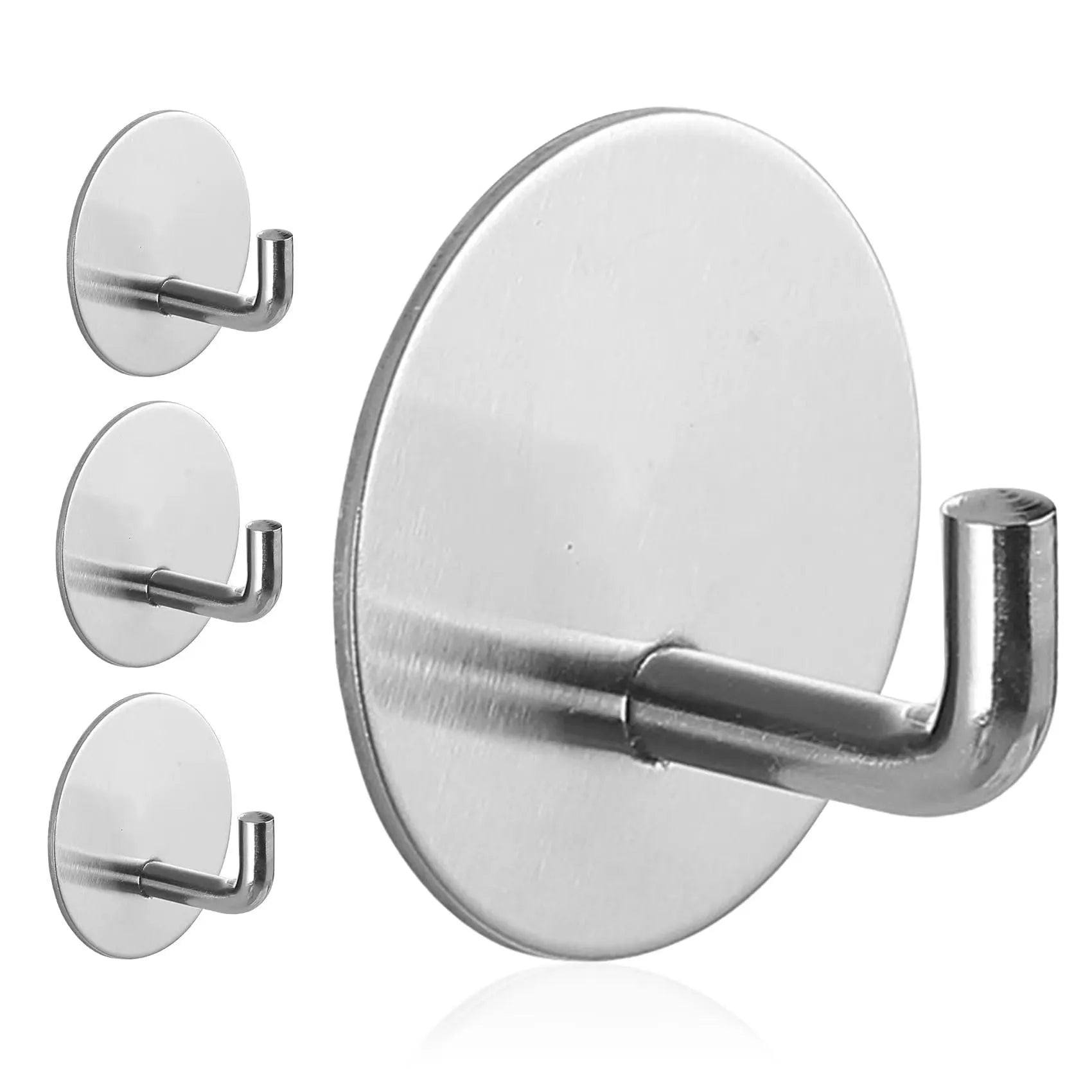Two round stainless steel self-adhesive hooks, one black and one polished, for no-drill bathroom and kitchen hanging.