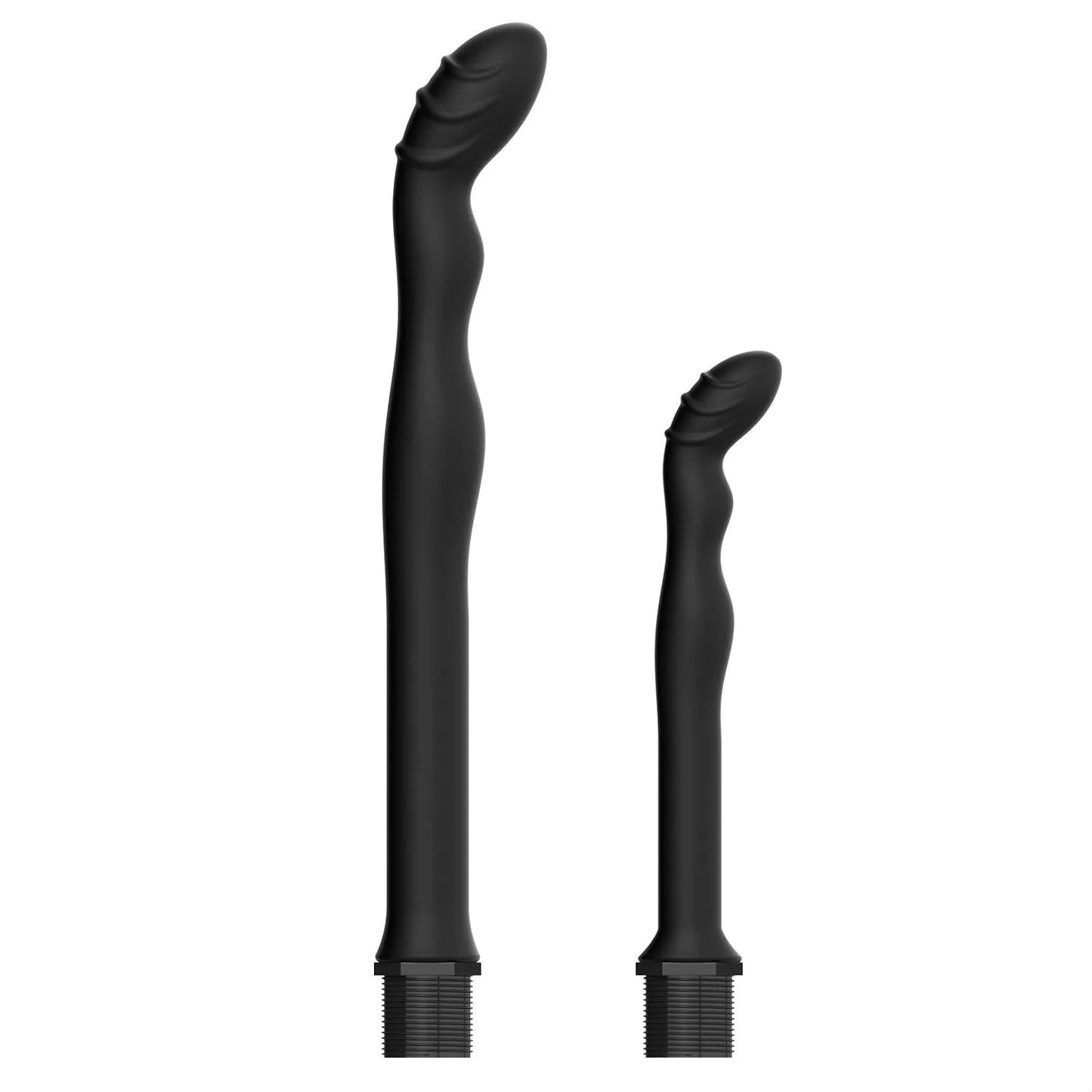 Black silicone enema hosepipe flusher for cleaning, shown in large and small size options with flexible design.