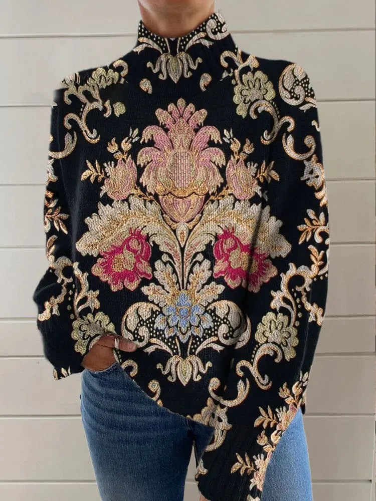 3D pattern printed turtleneck long sleeve sweater in black line-E127 with loose fit and sunken stripe knit