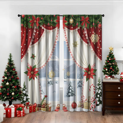 Pair of 3D digitally printed Christmas pattern curtains hung on a window.