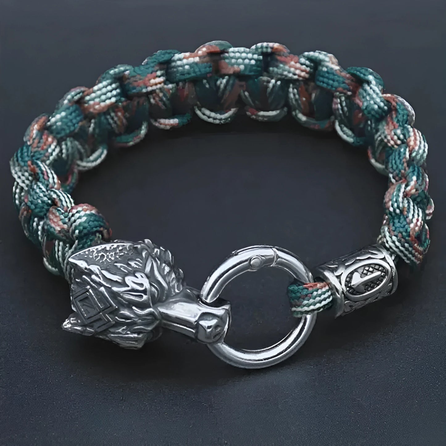 Stainless steel wolf head bracelet with camouflage colour and polished finish