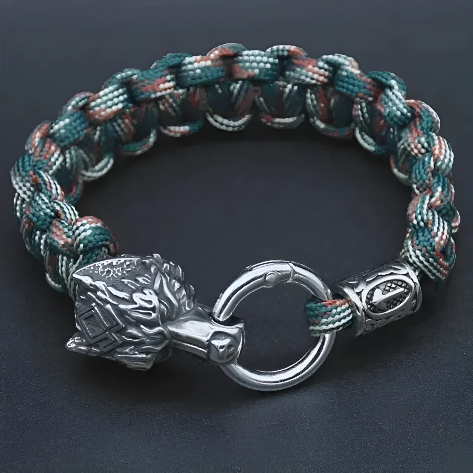 Stainless steel wolf head bracelet with camouflage colour and polished finish