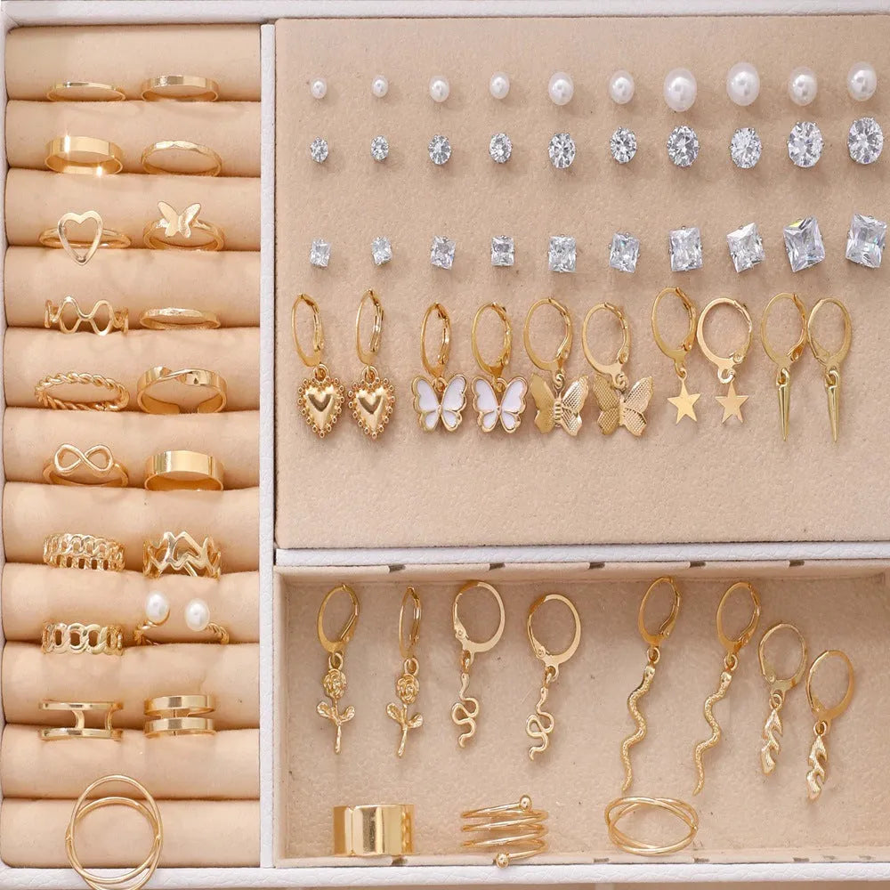 108-piece alloy earrings set with geometric shapes and round pearl elements in gold and yellow electroplated finish