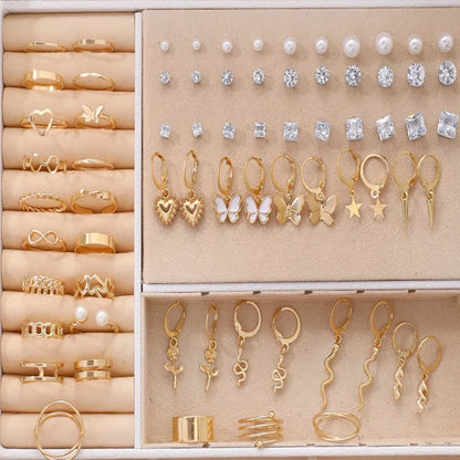108-piece alloy earrings set with geometric shapes and round pearl elements in gold and yellow electroplated finish