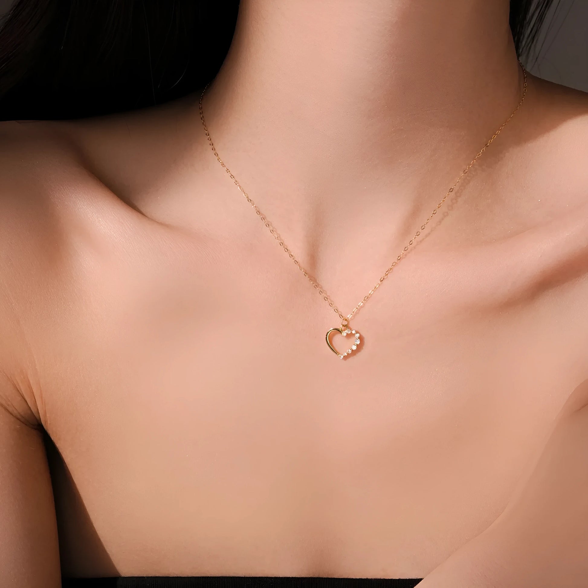 S925 sterling silver hollow heart pendant necklace on a regular chain with gold-plated finish options
