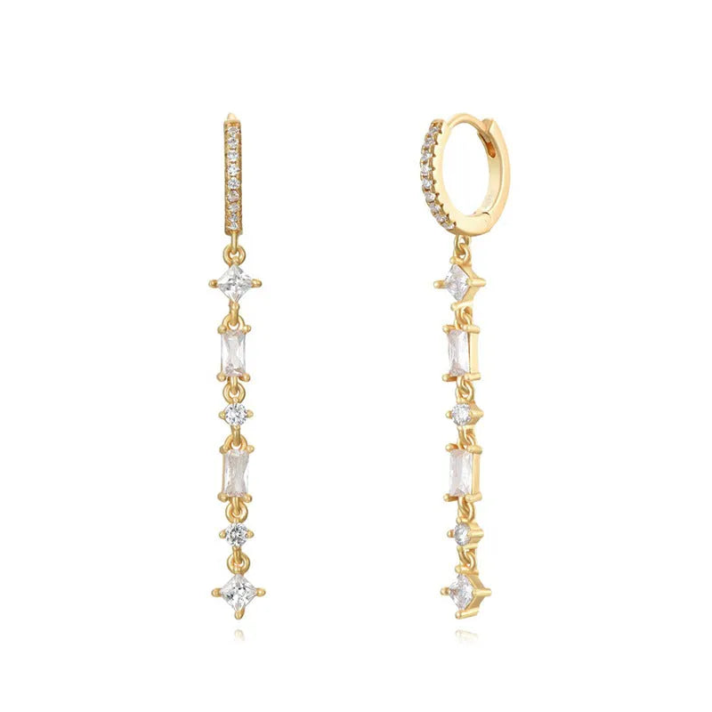 Geometric U-shaped gold ear clips with colourful zircon stones and dot pattern detailing