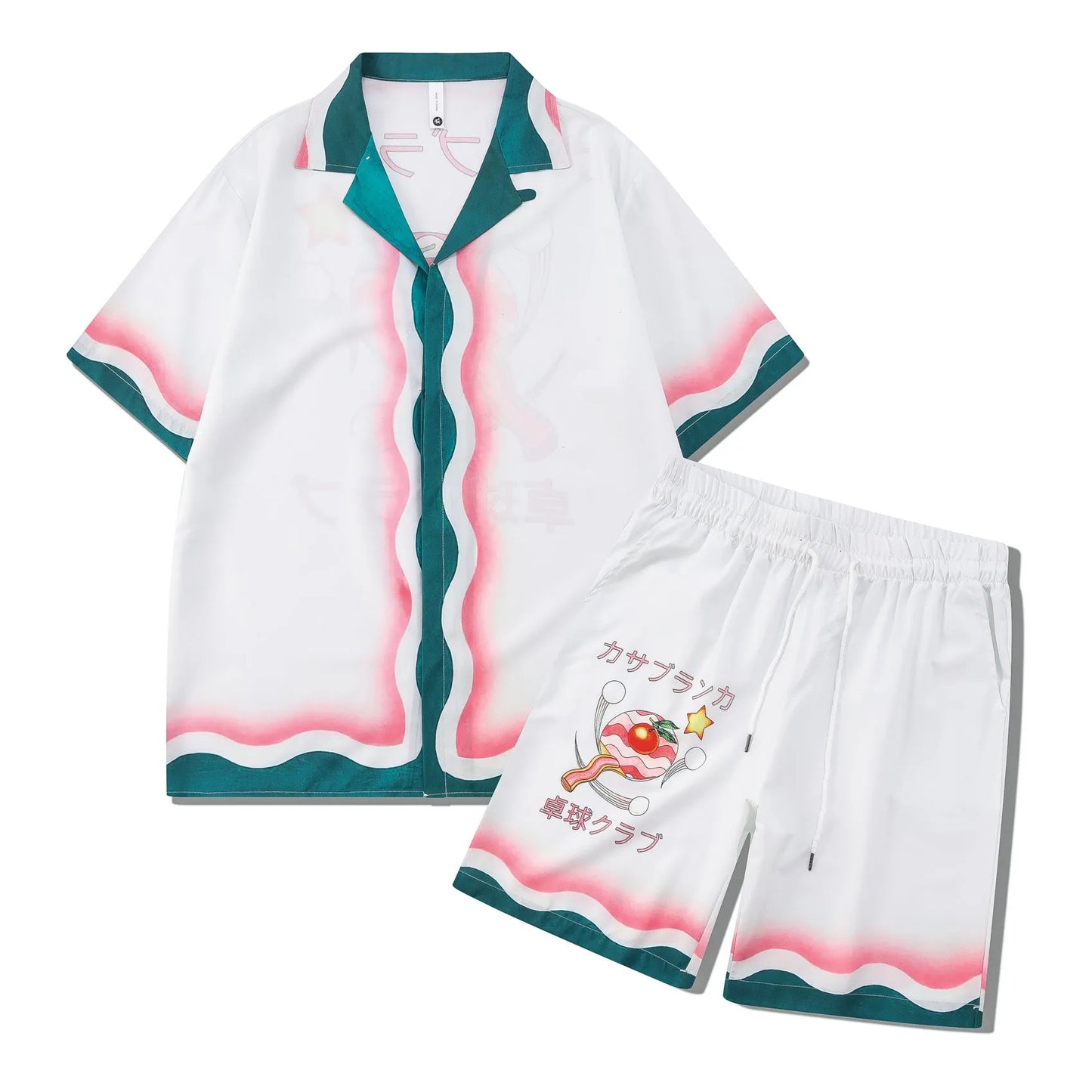 Men's and women's plaid pattern beach shirt outfit with top and trousers on mannequin