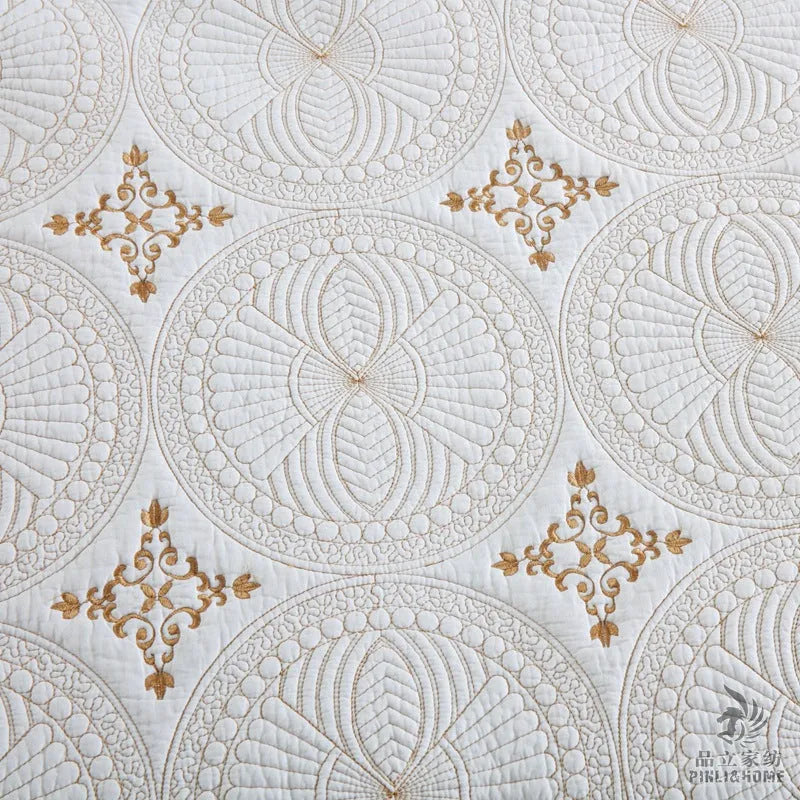 European-style cotton embroidery bed cover with double-thick construction and decorative detailing