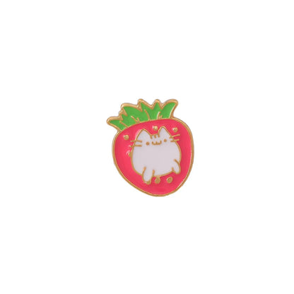 Close-up of a cute cat strawberry and dripping cake oil design metal alloy brooch pin.