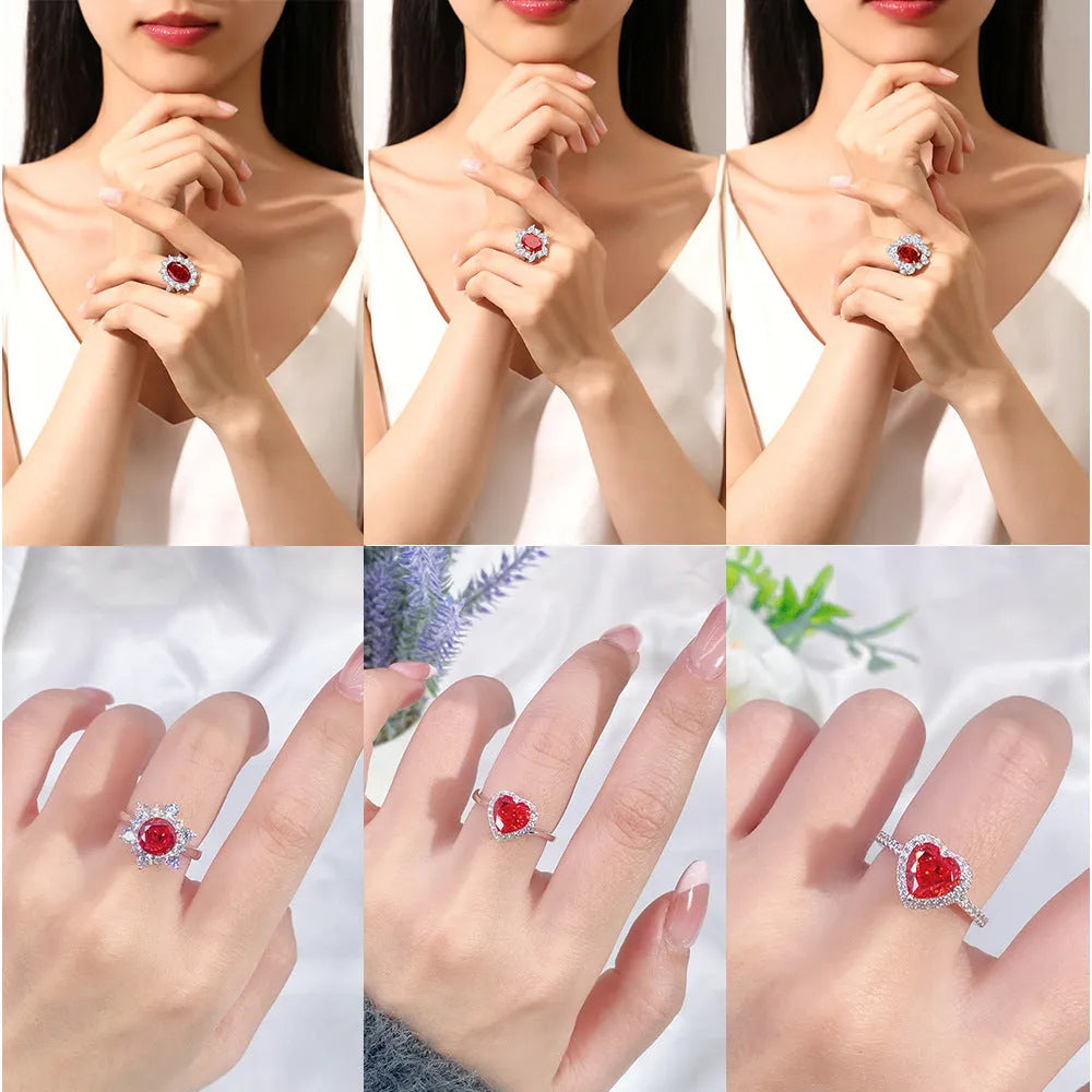 Heart-shaped sterling silver ring with zircon stone in ice flower cut, showing 1.5 cm width and 1.8 cm height dimensions
