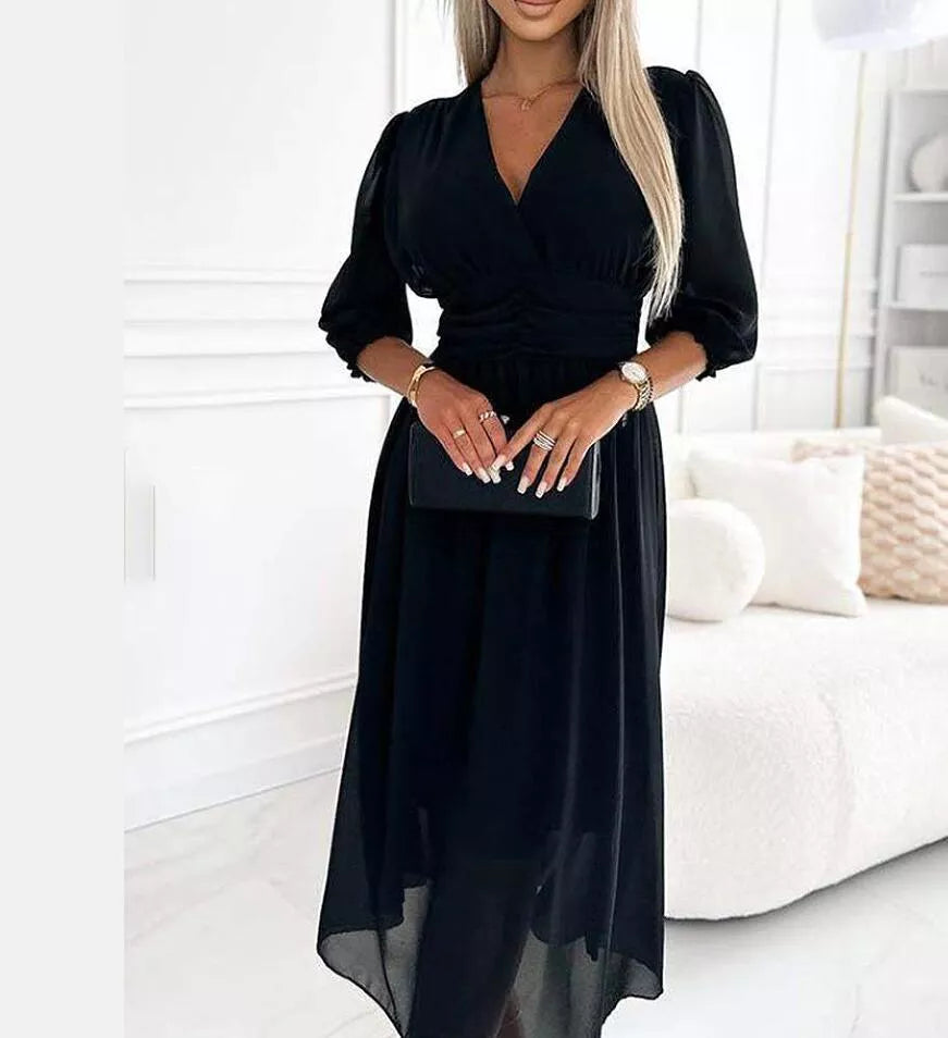 V-neck waist-tight long sleeve chiffon dress for women in green, blue, black, and rose red