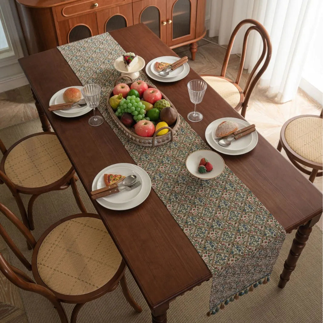 Dark blue jacquard stripe table flag with tassel trim, 32cm wide, showing textured weave pattern