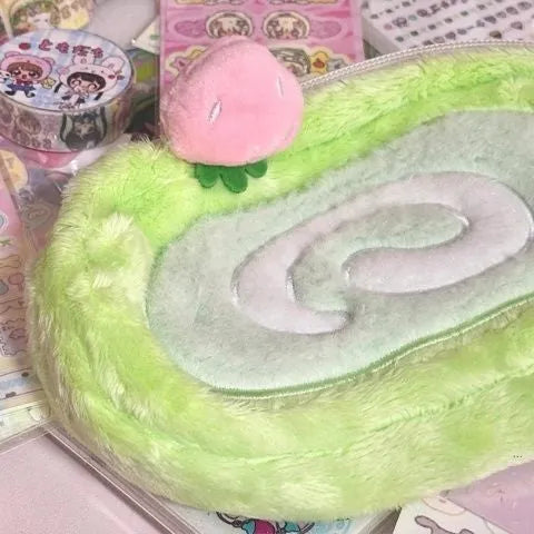 Honeydew Roll plush velvet pencil case with Swiss roll cake design, measuring 20cm in length
