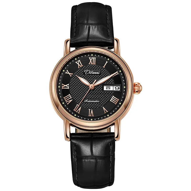 Women's automatic mechanical watch with 12mm thickness showing steel belt and leather strap options in various colours