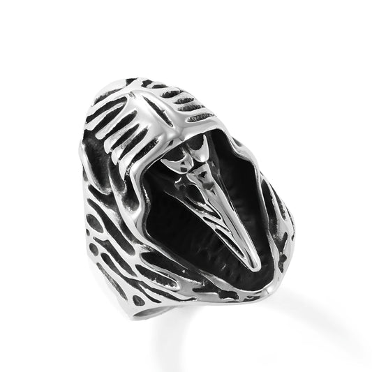 Crow motif geometric punk ring in titanium steel with retro styling in colour MR166