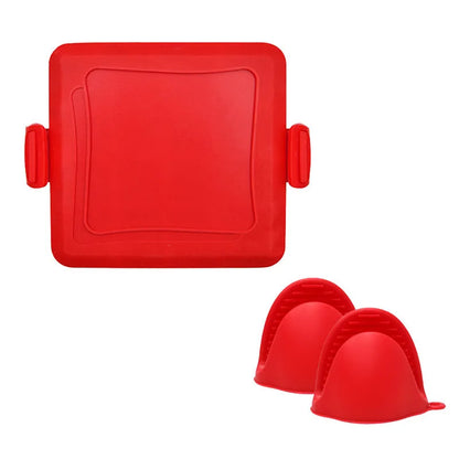Red silicone baking tray with handbag-shaped mould and matching heat-resistant gloves on kitchen counter