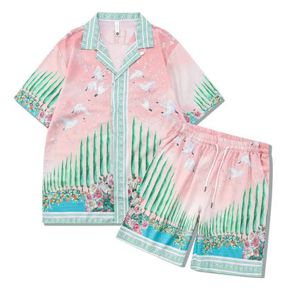 Men's and women's plaid pattern beach shirt outfit with top and trousers on mannequin