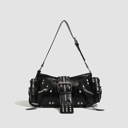 Black dumpling-shaped retro women's shoulder bag with a front pocket and organiser interior.