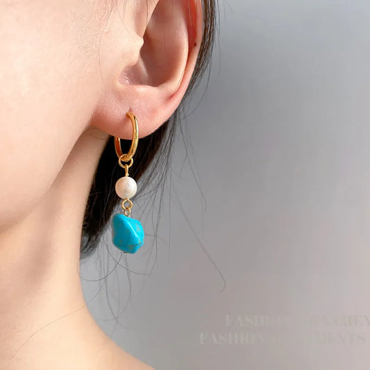 Copper clip earrings with irregular turquoise stones and cultured pearls in geometry shape